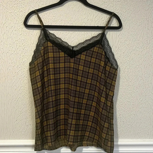 Allison Joy Ryan brown black plaid Cami lace top size medium - Picture 3 of 10